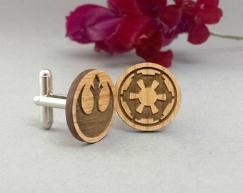 Star Wars Rebel Alliance and Galactic Empire Cuff Links - Laser Engraved on Alder Wood - Cufflinks Pair