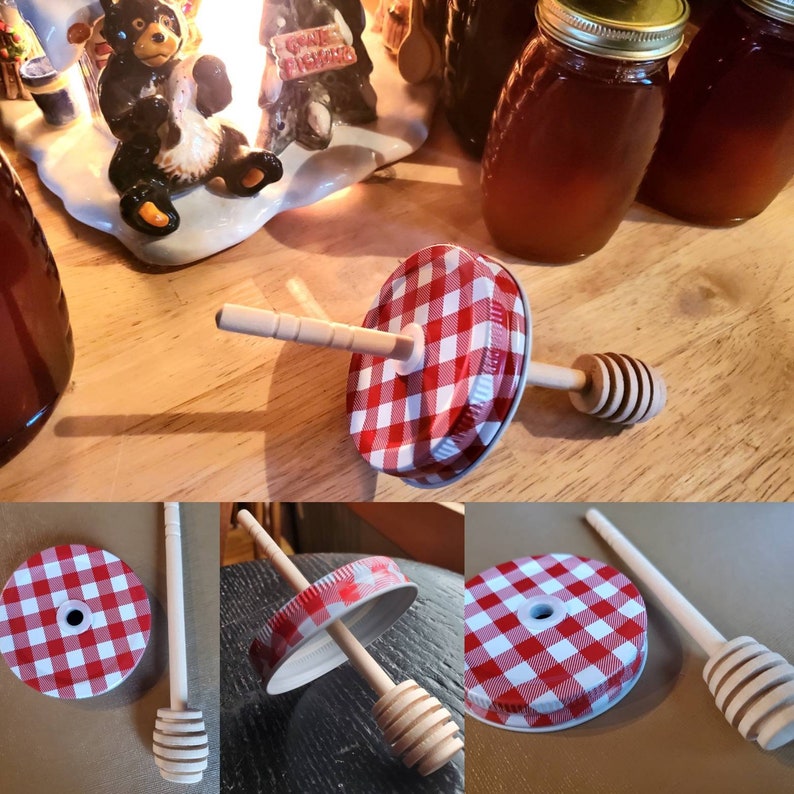 Honey Dipper with Natural Bamboo jar lid and silicone grommet or Red Checkered Metal Lid Hand assembled Honey Pot Lid fits mason jars image 7