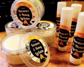 Handcrafted Pure Beeswax, Raw Honey, & Shea butter lip balms and chapsticks. Honey pot with dipper