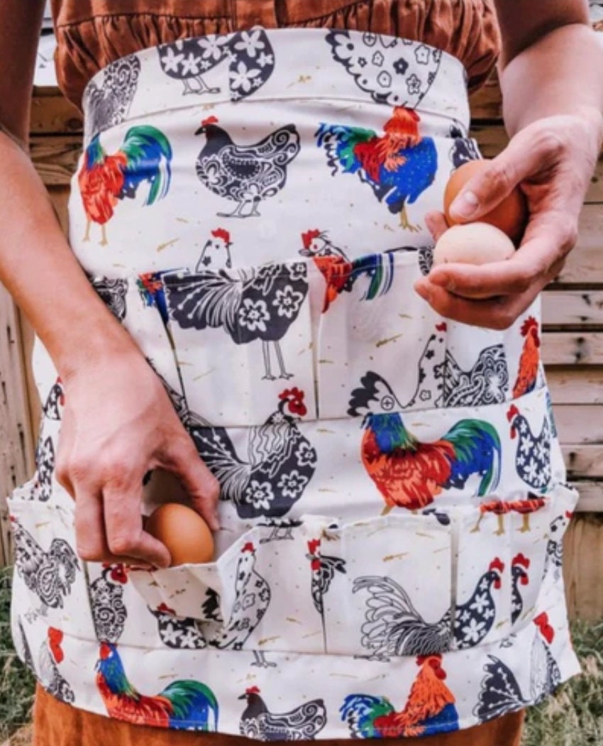 Cute Country, Egg Gathering apron, waist length egg collection - Kitchen,  farm, hen, chicken print, breathable