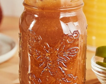 Etched Honey Bee Mason Jar Gift Set: Bamboo Lid & Honey Dipper