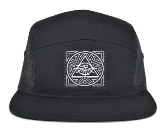 5 Panel Hat, Black Mesh Trucker Men's and Women's Summer Five Panel Camper Cap, Geometric Streetwear Skateboard Snowboarder Surfer BMX Hat