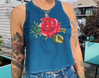 Embroidery tutorial red rose pattern | women’s embroidered tank top with rose