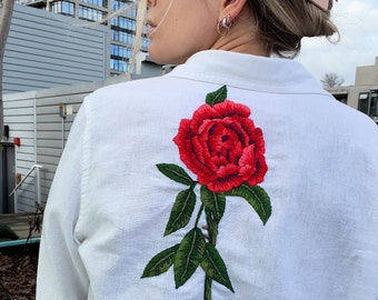 White linen blend button up with red rose embroidery