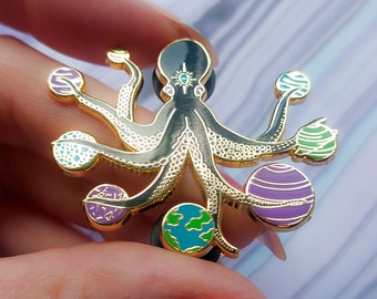 Space Octopus Hard Enamel Pin - Tentacle Lapel Pin - Planets Solar System Stars - Deep Sea Creatures - Ocean Animals - Third Eye Star Pin