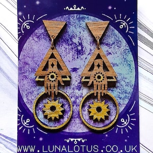 Big Bang Wooden Earrings - Eco Friendly Walnut Earrings - Space Cosmos Jewellery - Sustainable Cosmic Accessories - Hand Dangle Earrings