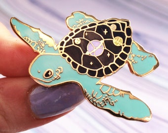 Space Turtle Hard Enamel Pin - Gold Metal Mermaid Lapel Pin - Planets Solar System Stars - Ocean Sea Creatures - Sea Tortoise Badge