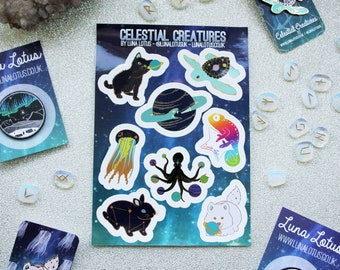 Celestial Creatures Vinyl Sticker Sheet - A5 8 Sticker Sheet - Moon Stars Galaxy Stationery - Kawaii Bunny Stickers - Octopus Jellyfish