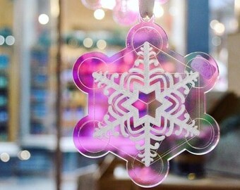 Snowflake Christmas Decoration - Sacred Geometry Decor - Metatron's Cube Decoration - Iridescent Acrylic Snow Decoration - Colour Shifting