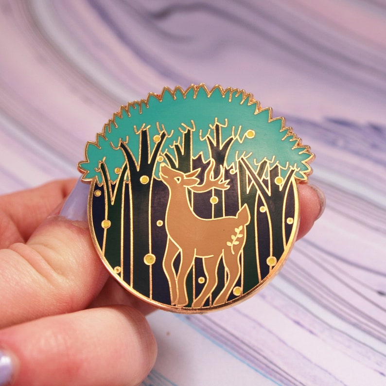 Firefly Forest Hard Enamel Pin Glow in the Dark Enamel Pin Deer Lapel Pin Stag Enamel Pin Tree Enamel Pin Fireflies Pin image 2