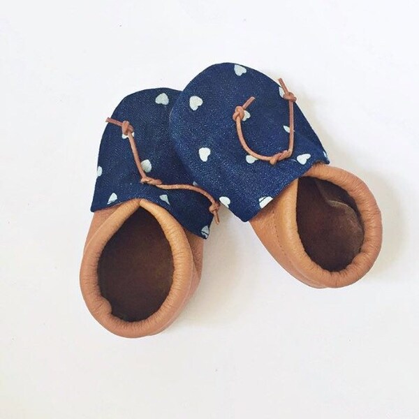 Monroe: Boho Baby Girl Shoes in Denim and Leather -  Baby Girl Moccs with Hearts - Soft Sole Baby Shoes - Baby Announcement