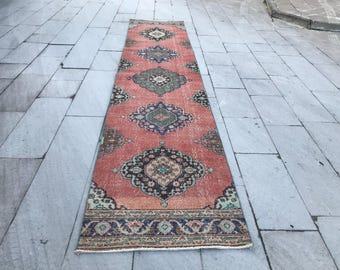 Vintage turkisk Oushak löparmatta: Handgjord hallmatta (7 x 3,2 m)