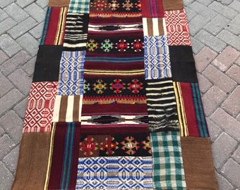 Vintage Kilim Patchwork Rug: Turkish Wool Area Rug (3'1 X 4'9 Ft)