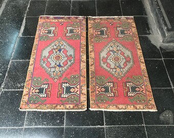 Pair of Small Oushak Rugs,Matching Vintage Small Rugs,Set of Mat Rugs,Hand Knotted Low Pile Distressed Turkish Rugs,Mat Rugs,Mats,1x3