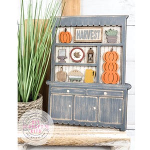 Mini Fall Kitchen Hutch DIY Craft Kit | Shelf Sitter Autumn Harvest Decor | Fall Decorative Wooden Cabinet | Mini Wood Furniture |