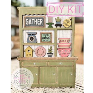 Mini Farmhouse Kitchen Hutch DIY Craft Kit | Decorative Wooden Cabinet | Mini Wood Furniture | Shelf Sitter