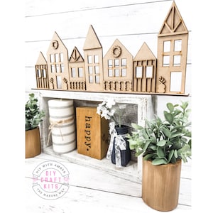 Wide Block Houses Sign DIY Kit | Unfinished Wood Blank cut out | Paint at Home Decor Shelf Sitter house shapes
