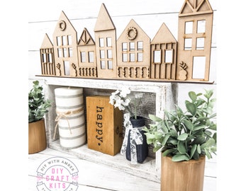 Wide Block Houses Sign DIY Kit | Unfinished Wood Blank cut out | Paint at Home Decor Shelf Sitter house shapes