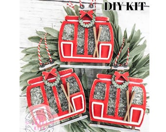 Set of 3 Ski Lift Gondola Ornaments DIY Craft Kit | Unfinished Wood Blank | Merry Xmas Winter Christmas Tree Lodge Skisons Greeting
