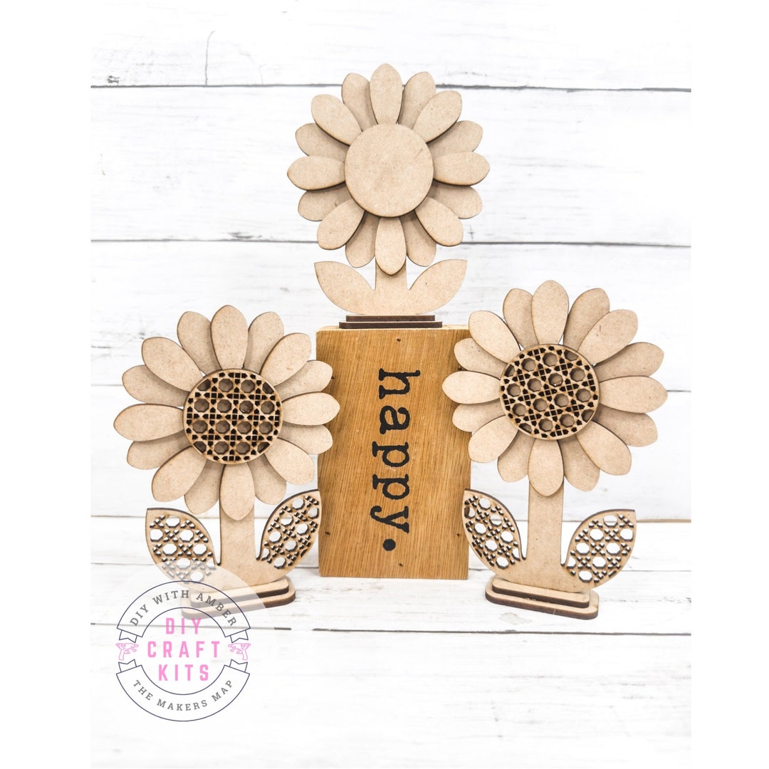 Rattan Flowers Trio DIY Craft Kit Wood Flower Craft Kit Set Spring