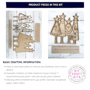Op de afbeelding: Een DIY-knutselset met een reeks houten kerstboomvormen met ingewikkelde ontwerpen. De set bevat meerdere onderdelen om een feestelijke weergave te cre&euml;ren. De set is van "DIY Craft Kits" van "The Makers Map".