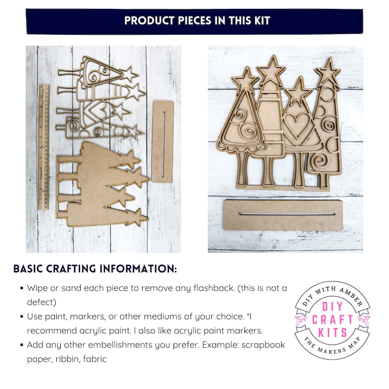 Op de afbeelding: Een DIY-knutselset met een reeks houten kerstboomvormen met ingewikkelde ontwerpen. De set bevat meerdere onderdelen om een feestelijke weergave te cre&euml;ren. De set is van "DIY Craft Kits" van "The Makers Map".