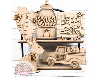 Happy Easter Tier Tray DIY Kit | Wood Bunny Shapes | Wood Carrot Shapes | Happy Easter Sign | Spring Eggs Truck | ck0906