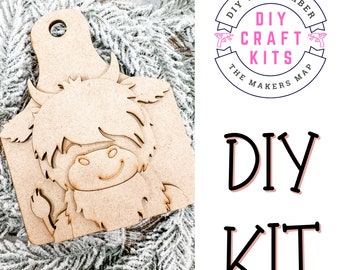 Highland Cow Tag Farmhouse Christmas Ornament | Simple Rustic Ornament | Fun Adult Xmas Craft | Unfinished Wood Kit ck0609