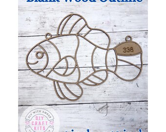 Unfinished Style 338 Clown Fish Laser Cut Wood Outline Frame Blank DIY | Ocean Coa Sun Catcher Resin Decor Faux Stained Crushed Glass