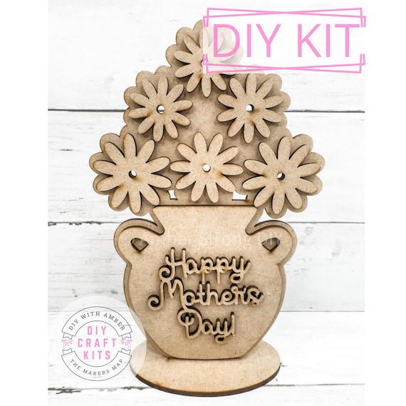 Happy Mothers Day Vase DIY Kit | Mom Gift | Mothers Day Present | Mothers Day Flowers | Gift for Mom | Wood Blank Vase and Flowers ck1131