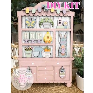 Mini Fancy Easter Kitchen Hutch DIY Craft Kit | Decorative Wooden Cabinet | Shelf Sitter Seasonal Decor | Miniature Doll House Furniture