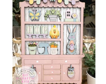 Mini Fancy Easter Kitchen Hutch DIY Craft Kit | Decorative Wooden Cabinet | Shelf Sitter Seasonal Decor | Miniature Doll House Furniture
