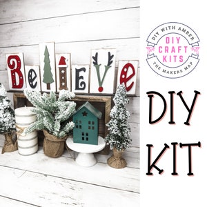 Wide Believe Word Block Sign DIY Kit | Unfinished Wood Blank craft Shelf Sitter | Paint at Home Decor Christmas Festive Reindeer