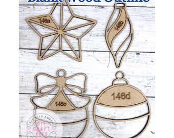 May include: Four unfinished wooden Christmas ornament outlines. The shapes include a star, teardrop, angel, and ball. Each shape has a number printed on it. The text "Blank Wood Outline" is at the top, and the logo "DIY with Amber" is at the bottom.