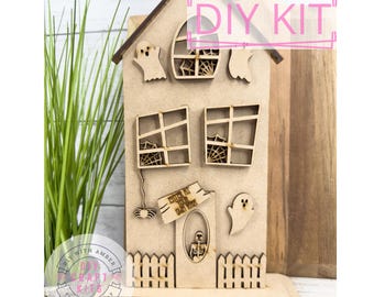 SPOOKY Haunted House with Ghosts Sitter DIY Craft Kit | Halloween Decor | Spooky Season Shelf Sitter | Adult Crafting | Wood Blank Craft