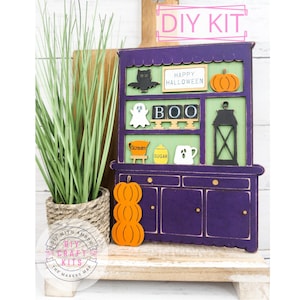 Mini Halloween Kitchen Hutch DIY Craft Kit | Spooky Season | Fall Decorative Wooden Cabinet | Mini Wood Furniture | Shelf Sitter
