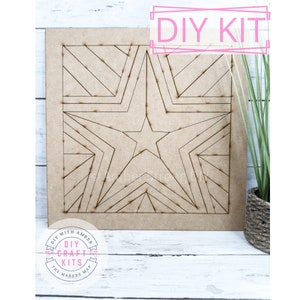May include: A DIY craft kit featuring a wooden board with a star design. The board is ready to be painted or stained. The kit includes all the necessary materials and instructions.  DIY with Amber Craft Kits, The Makers Map.
