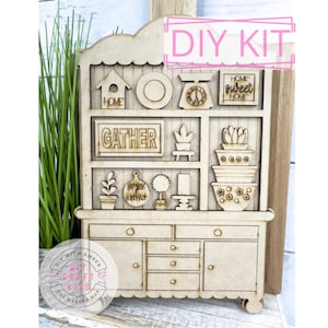 Mini Fancy Farmhouse Kitchen Hutch DIY Craft Kit | Decorative Wooden Cabinet | Mini Wood Dollhouse Furniture | Everyday Shelf Sitter