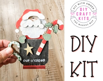 Mini Santa Claus in mug Shelf Sitter DIY Craft Kit Unfinished Wood Blank DIY Paint at Home Christmas Xmas Winter Hot cocoa snow flake