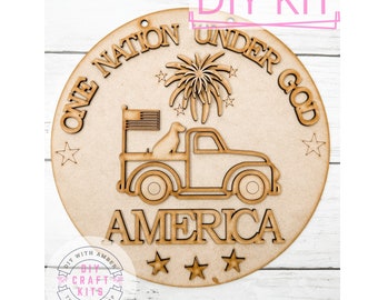 One Nation Under God Sign DIY Craft Kit | 9 inch round | Farmhouse 4th of July Sign | Summer Patriotic Door Hanger | Wreath Attachment