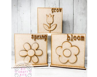Spring Flower Blocks Sign Trio DIY Kit | Spring Shelf Sitters Set | Tulip Daisy Flower Decor Kit | Unfinished Wood Blank | Home Decor Craft