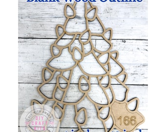May include: A blank wooden Christmas tree outline with the text "Blank Wood Outline" and "6-inch or 12 inch". The tree is made of light brown wood and has a cutout design. The number "166" is visible on the bottom right.