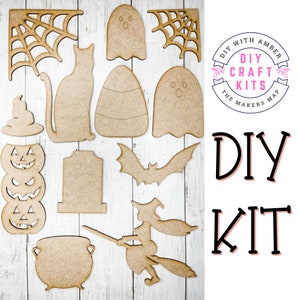 Halloween Variety Shapes Blank Cut Outs Candy Corn, Ghost, Spider Web, Witch, Tombstone, Pumpkin DIY KIT | Unfinished Wood Blanks Spooky