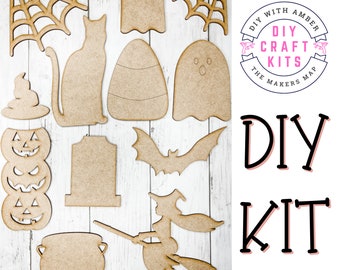 Halloween Variety Shapes Blank Cut Outs Candy Corn, Ghost, Spider Web, Witch, Tombstone, Pumpkin DIY KIT | Unfinished Wood Blanks ck0113