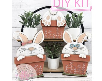 Set of 3 Bunnies in Flower Pots DIY Kit | Whimsy Easter Unfinished Wood Blank Paint at Home Shelf Sitter | Easter Spring Craft Kit