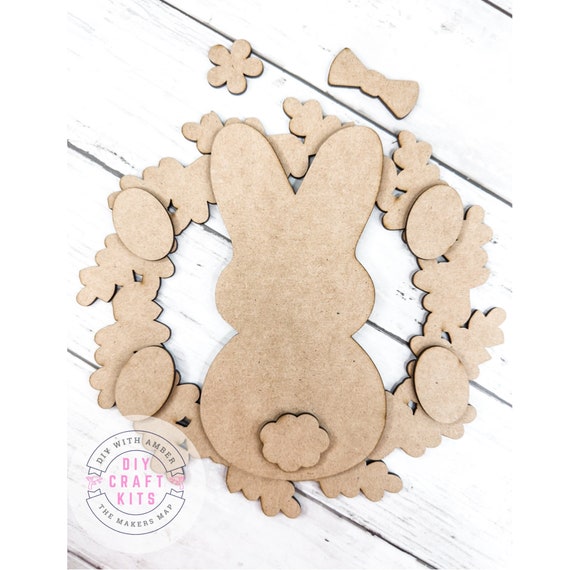 Little Wreath with Bunny DIY Kit | Easter Spring Bunny Wooden Craft Kit | Wood Blank Paint Your Own Kids Easter Activity | Mini Wreath DIY