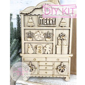 Fancy Mini Christmas Kitchen Hutch DIY Craft Kit | Decorative Wooden Cabinet | Shelf Sitter Seasonal Decor | Miniature Doll House Furniture