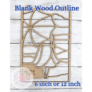 May include: A blank wood outline of a figure with an umbrella, available in 6-inch or 12-inch sizes. The design is laser-cut from light brown wood. Text at the top reads "Blank Wood Outline". The bottom text says "6 inch or 12 inch".