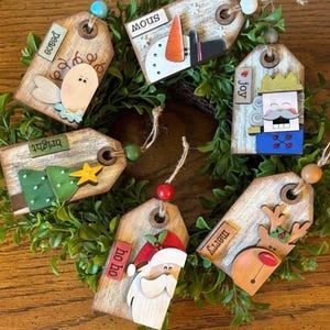 Set of 6 Christmas Tag Ornaments | Fun Childs Holiday Activity | Santa Snowman Reindeer Tree Angel Nutcracker Ornament | Unfinished Wood Kit