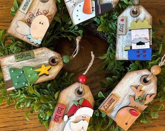 Set of 6 Christmas Tag Ornaments | Fun Childs Holiday Activity | Santa Snowman Reindeer Tree Angel Nutcracker Ornament | Unfinished Wood Kit